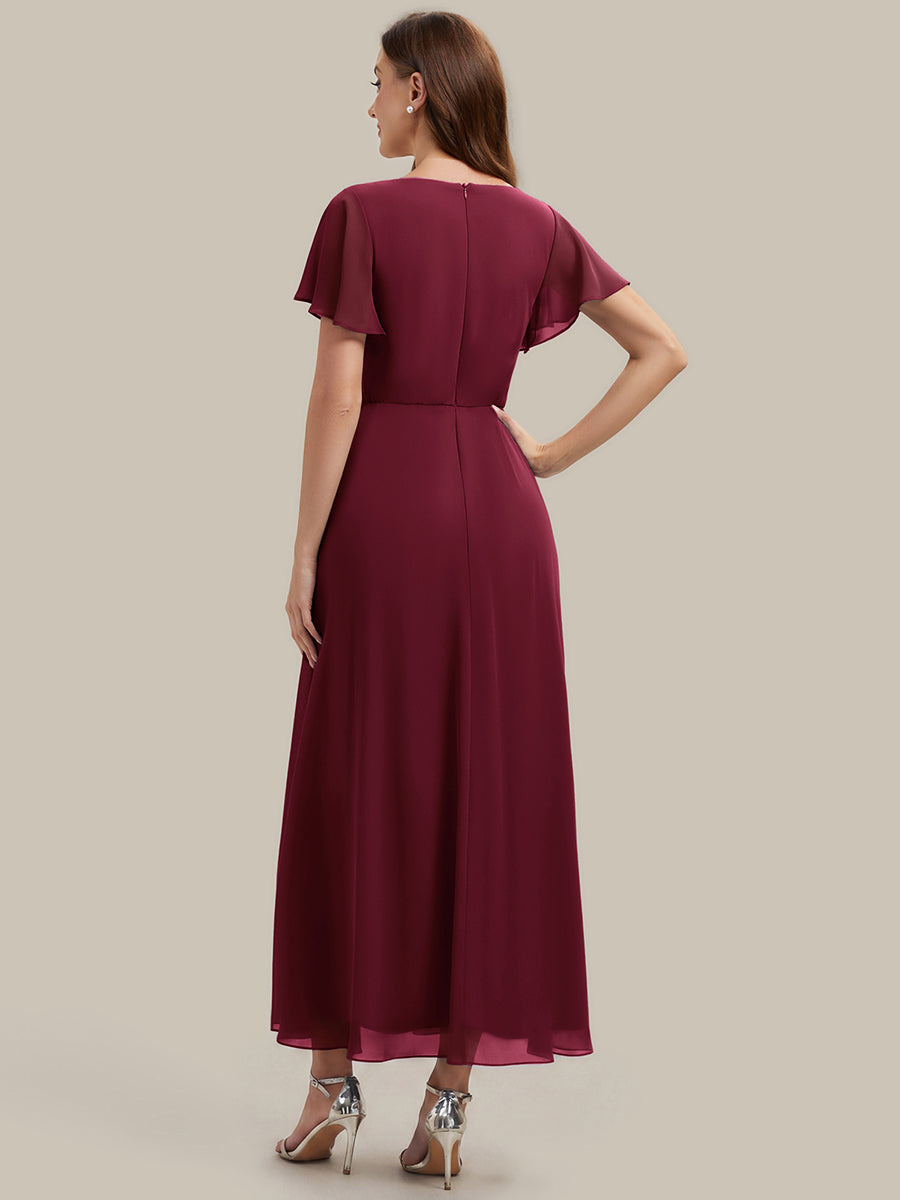 Rhinestone Embellished Chiffon Ruffle Sleeve Wedding Guest Dress #color_Burgundy