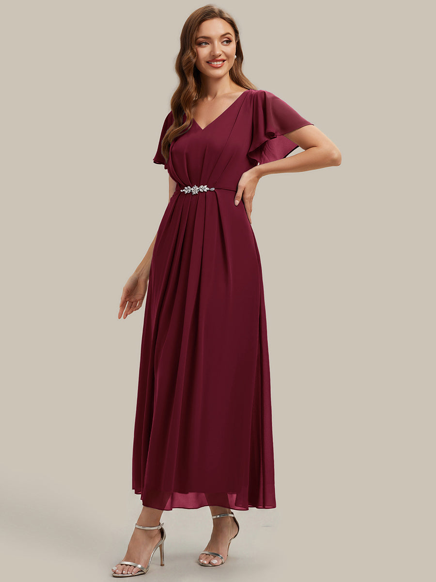 Rhinestone Embellished Chiffon Ruffle Sleeve Wedding Guest Dress #color_Burgundy