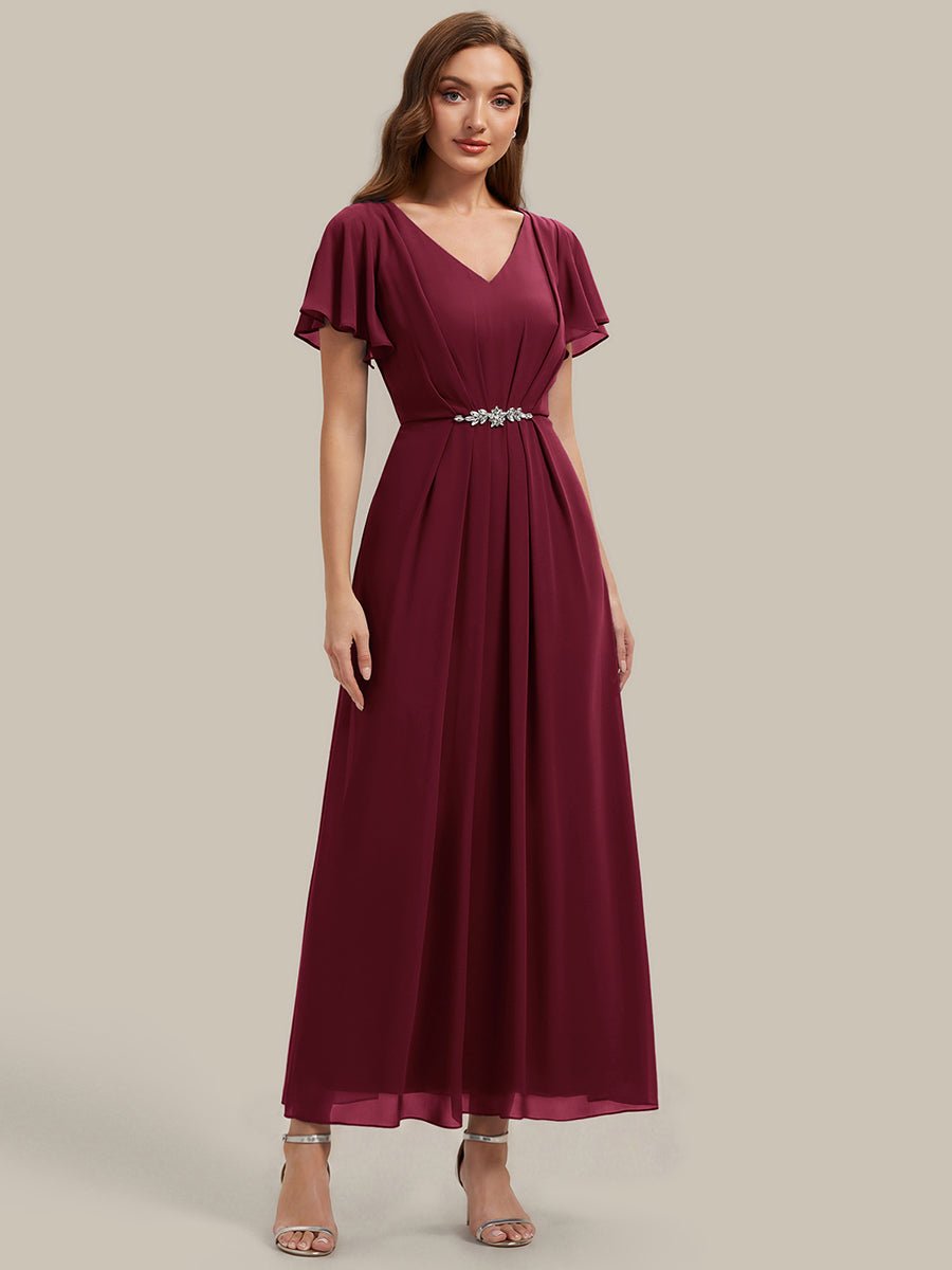 Rhinestone Embellished Chiffon Ruffle Sleeve Wedding Guest Dress #color_Burgundy