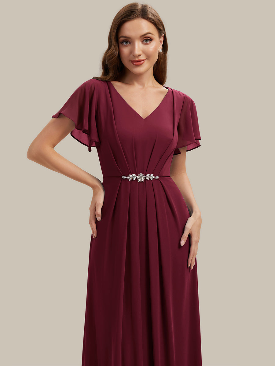 Rhinestone Embellished Chiffon Ruffle Sleeve Wedding Guest Dress #color_Burgundy