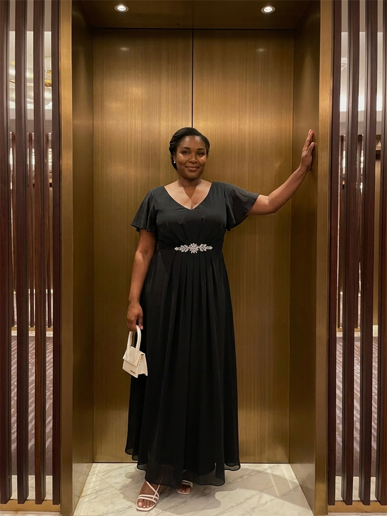 Rhinestone Embellished Chiffon Ruffle Sleeve Wedding Guest Dress #color_Black