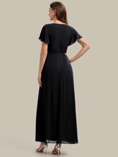 Rhinestone Embellished Chiffon Ruffle Sleeve Wedding Guest Dress #color_Black
