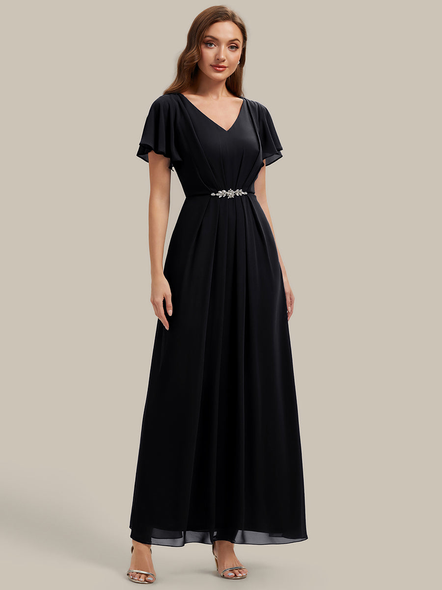 Rhinestone Embellished Chiffon Ruffle Sleeve Wedding Guest Dress #color_Black