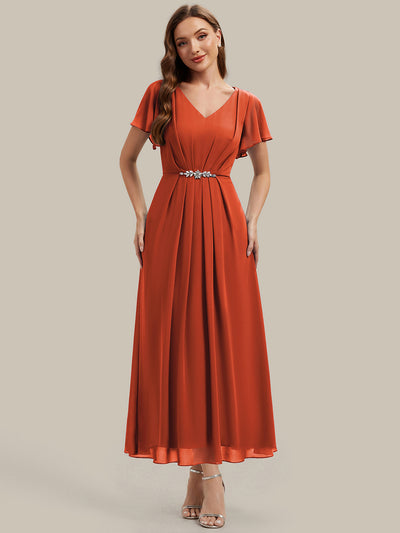 Rhinestone Embellished Chiffon Ruffle Sleeve Wedding Guest Dress