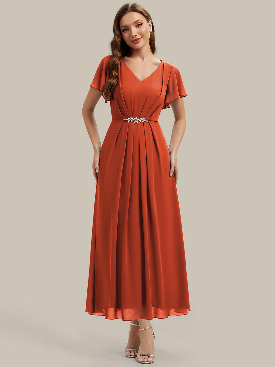 Rhinestone Embellished Chiffon Ruffle Sleeve Wedding Guest Dress #color_Burnt Orange