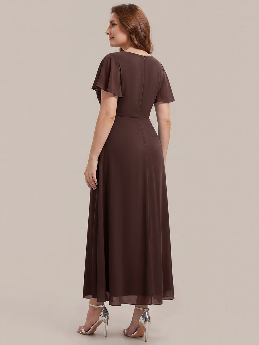 Rhinestone Embellished Chiffon Ruffle Sleeve Wedding Guest Dress #color_Chocolate  Brown
