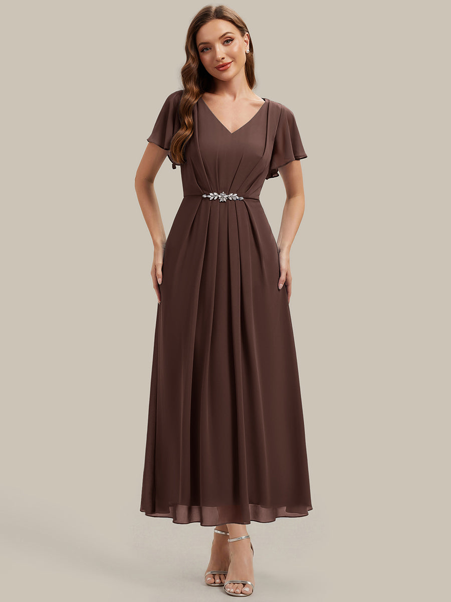 Rhinestone Embellished Chiffon Ruffle Sleeve Wedding Guest Dress #color_Chocolate  Brown