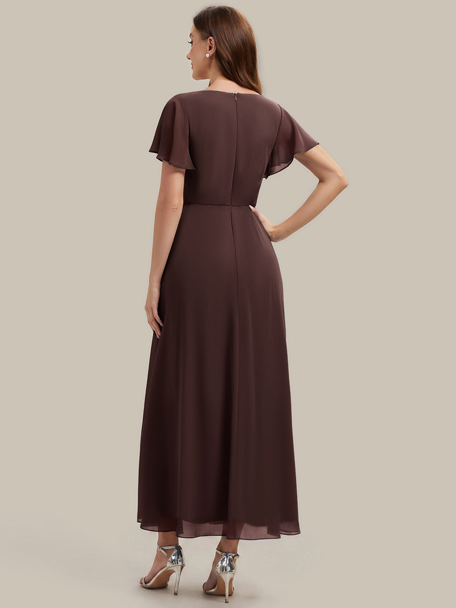 Rhinestone Embellished Chiffon Ruffle Sleeve Wedding Guest Dress #color_Chocolate  Brown