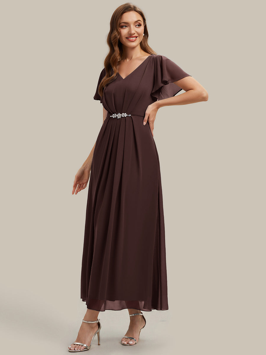Rhinestone Embellished Chiffon Ruffle Sleeve Wedding Guest Dress #color_Chocolate  Brown