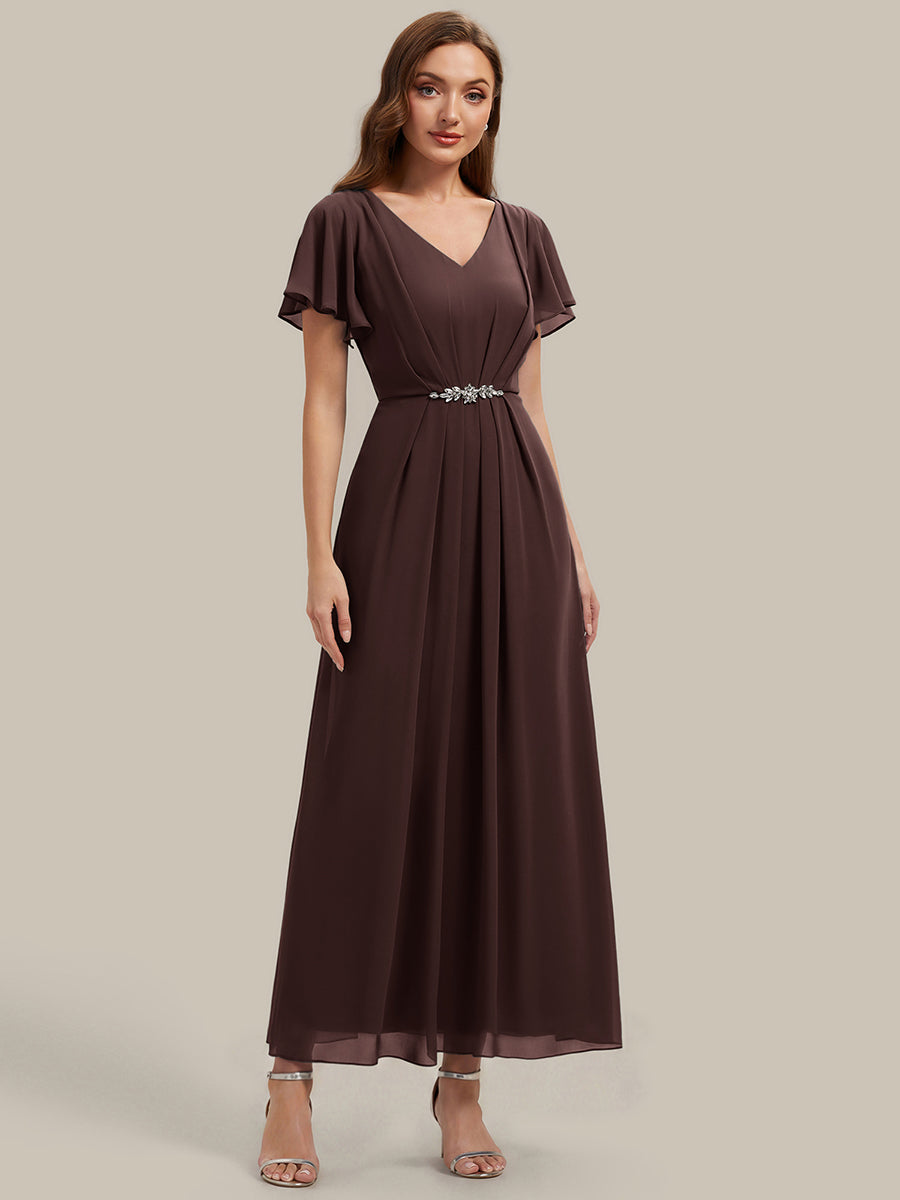 Rhinestone Embellished Chiffon Ruffle Sleeve Wedding Guest Dress #color_Chocolate  Brown