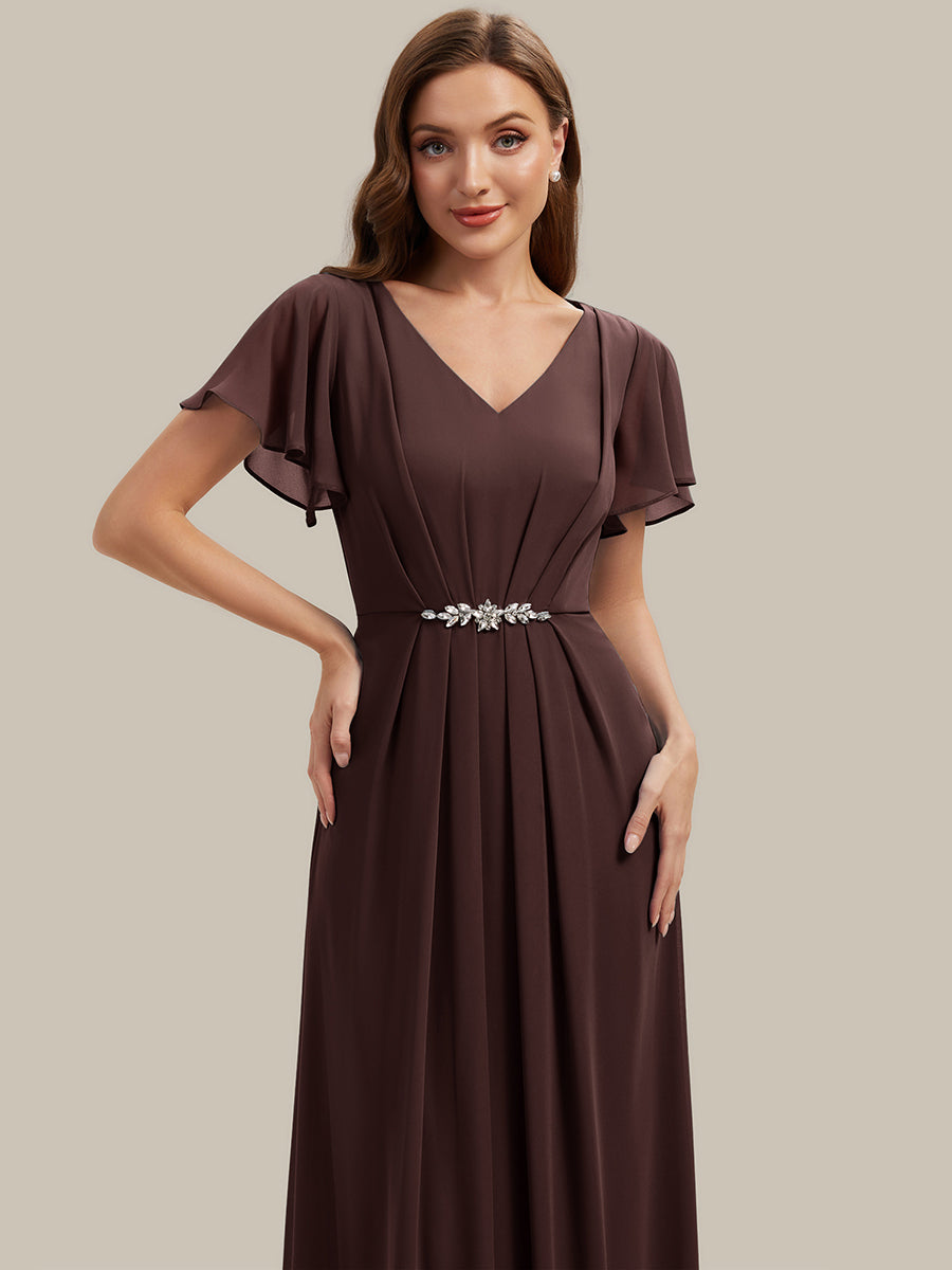 Rhinestone Embellished Chiffon Ruffle Sleeve Wedding Guest Dress #color_Chocolate  Brown