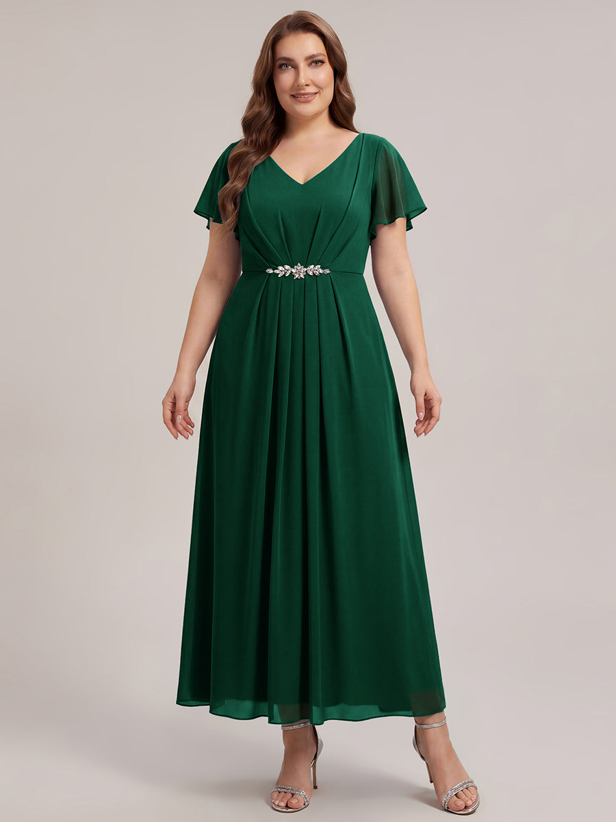 Rhinestone Embellished Chiffon Ruffle Sleeve Wedding Guest Dress #color_Dark Green