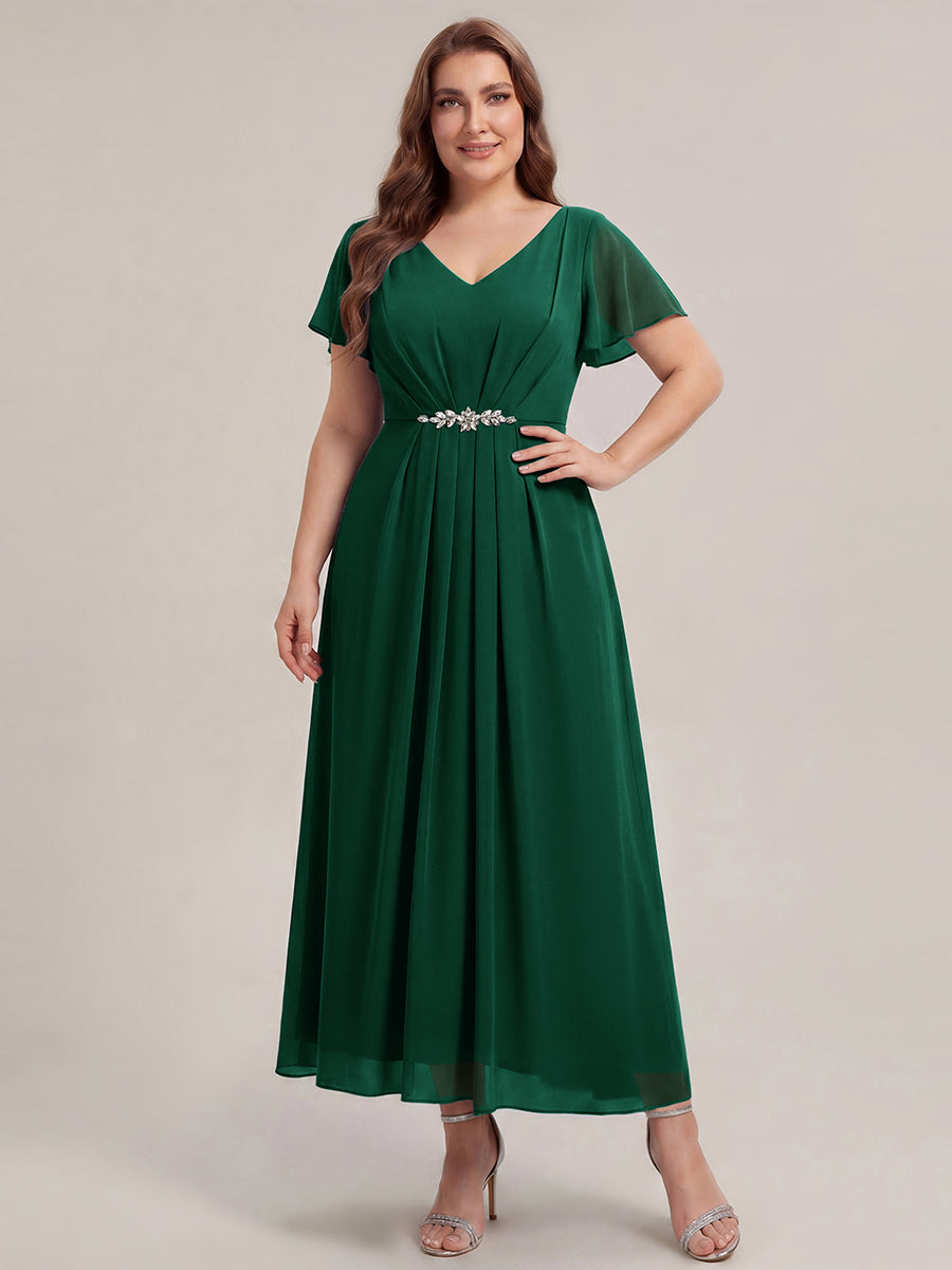 Rhinestone Embellished Chiffon Ruffle Sleeve Wedding Guest Dress #color_Dark Green
