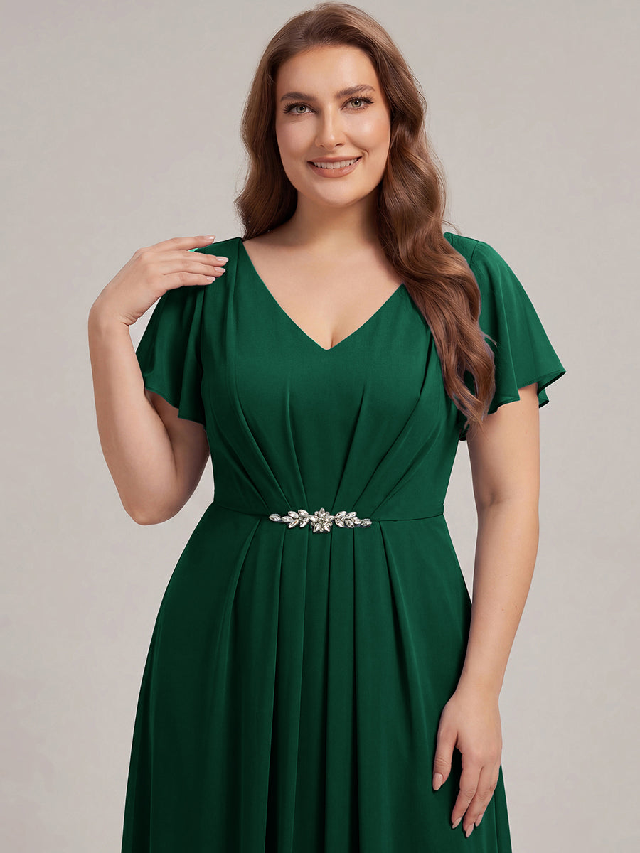 Rhinestone Embellished Chiffon Ruffle Sleeve Wedding Guest Dress #color_Dark Green