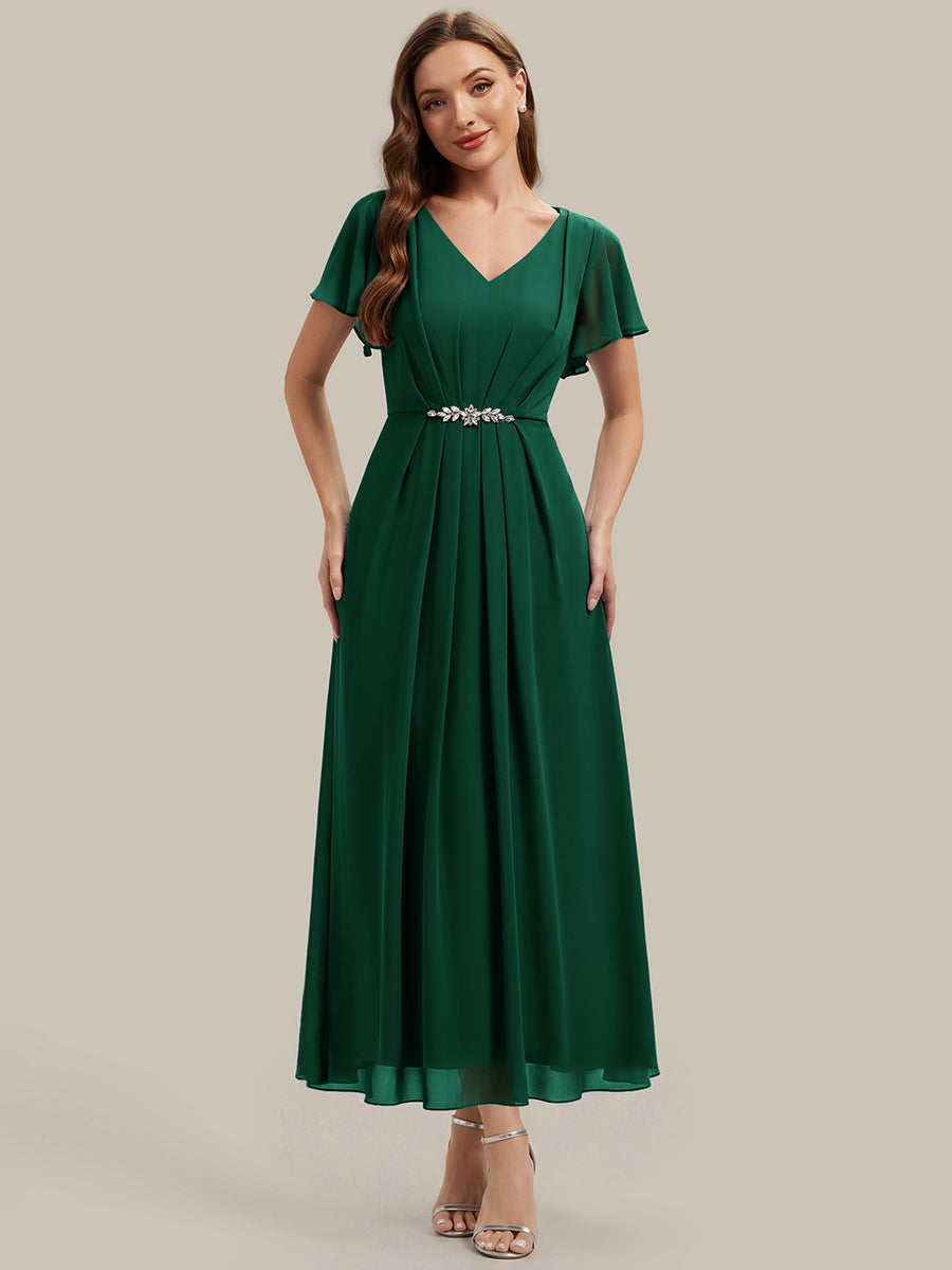 Rhinestone Embellished Chiffon Ruffle Sleeve Wedding Guest Dress #color_Dark Green