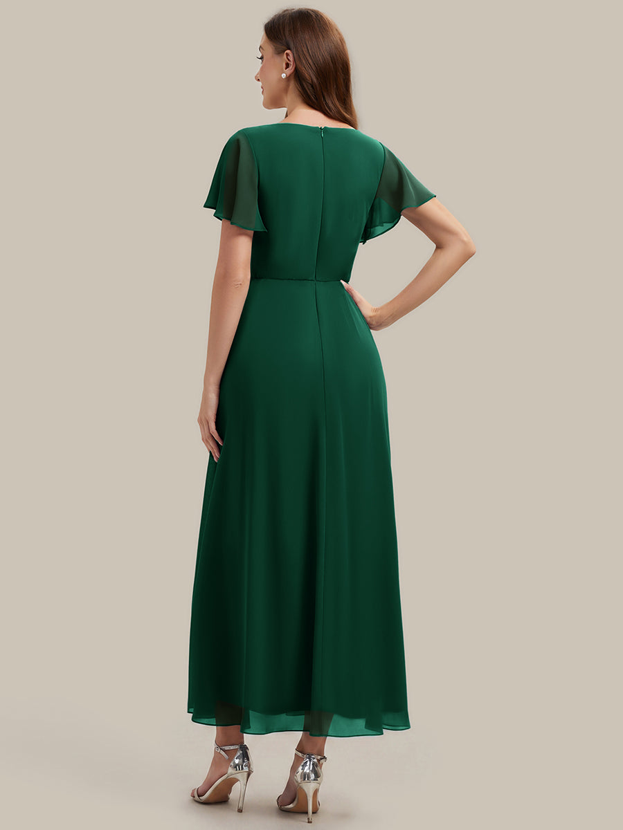 Rhinestone Embellished Chiffon Ruffle Sleeve Wedding Guest Dress #color_Dark Green