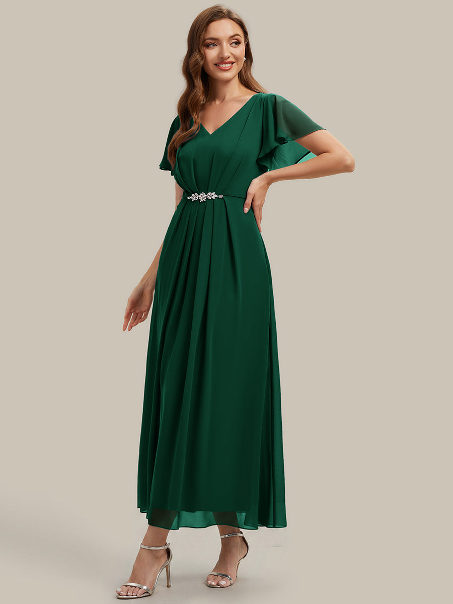 Rhinestone Embellished Chiffon Ruffle Sleeve Wedding Guest Dress #color_Dark Green