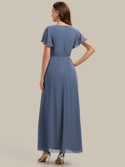 Rhinestone Embellished Chiffon Ruffle Sleeve Wedding Guest Dress #color_Dusty Blue