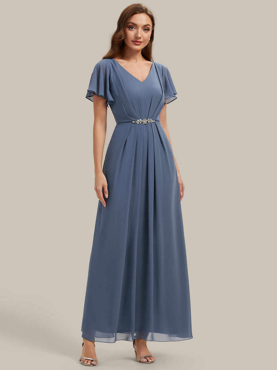 Rhinestone Embellished Chiffon Ruffle Sleeve Wedding Guest Dress #color_Dusty Blue