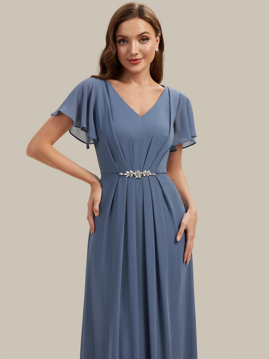 Rhinestone Embellished Chiffon Ruffle Sleeve Wedding Guest Dress #color_Dusty Blue