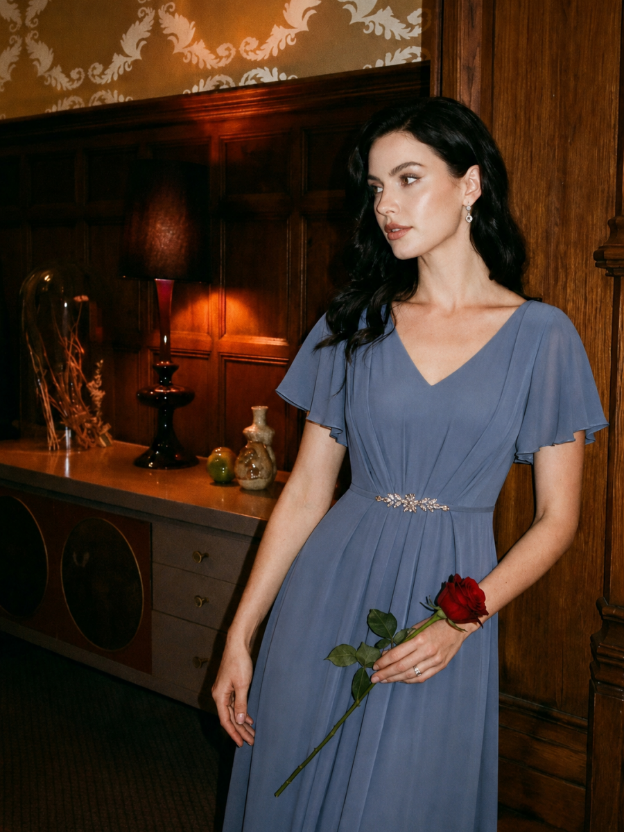 Rhinestone Embellished Chiffon Ruffle Sleeve Wedding Guest Dress #color_Dusty Blue