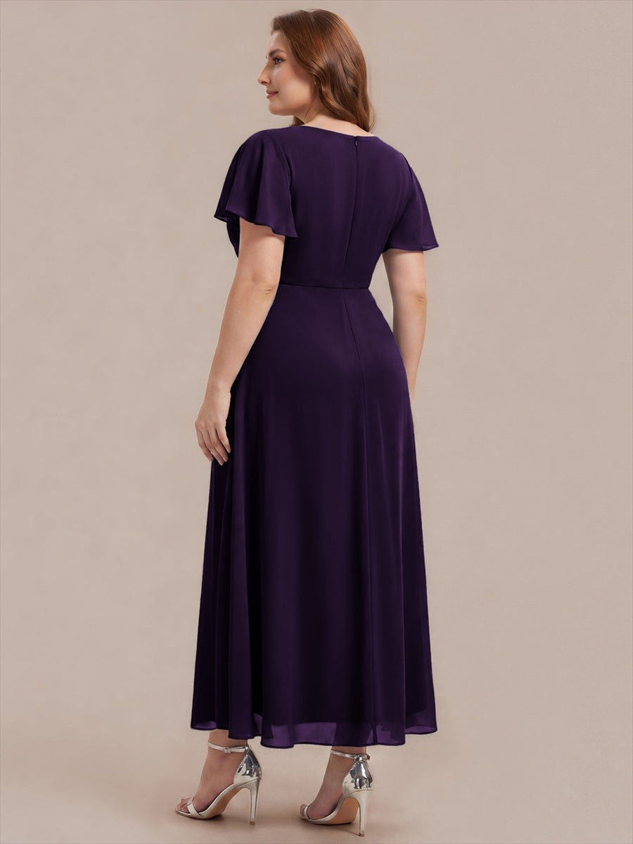Rhinestone Embellished Chiffon Ruffle Sleeve Wedding Guest Dress #color_Dark Purple