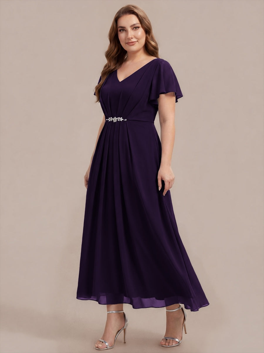 Rhinestone Embellished Chiffon Ruffle Sleeve Wedding Guest Dress #color_Dark Purple