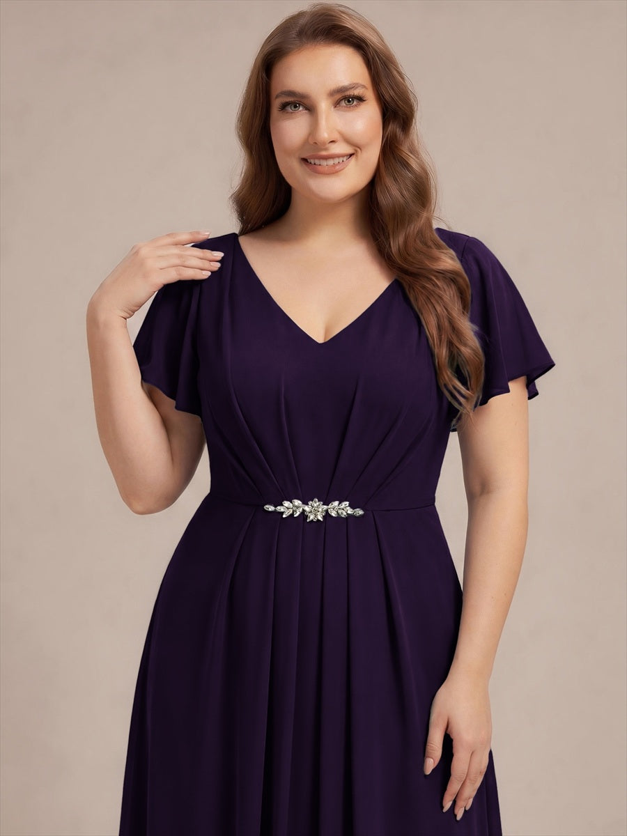 Rhinestone Embellished Chiffon Ruffle Sleeve Wedding Guest Dress #color_Dark Purple