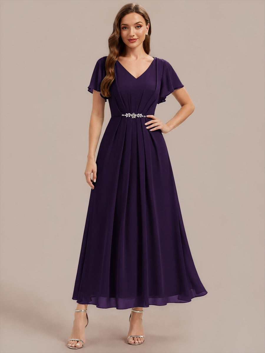 Rhinestone Embellished Chiffon Ruffle Sleeve Wedding Guest Dress #color_Dark Purple