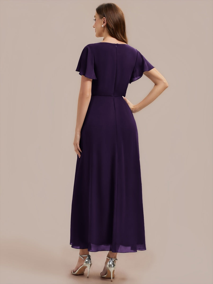Rhinestone Embellished Chiffon Ruffle Sleeve Wedding Guest Dress #color_Dark Purple