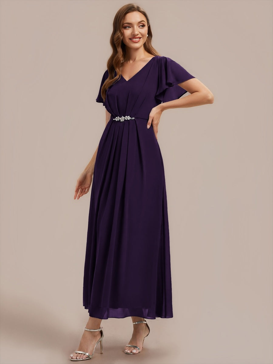 Rhinestone Embellished Chiffon Ruffle Sleeve Wedding Guest Dress #color_Dark Purple
