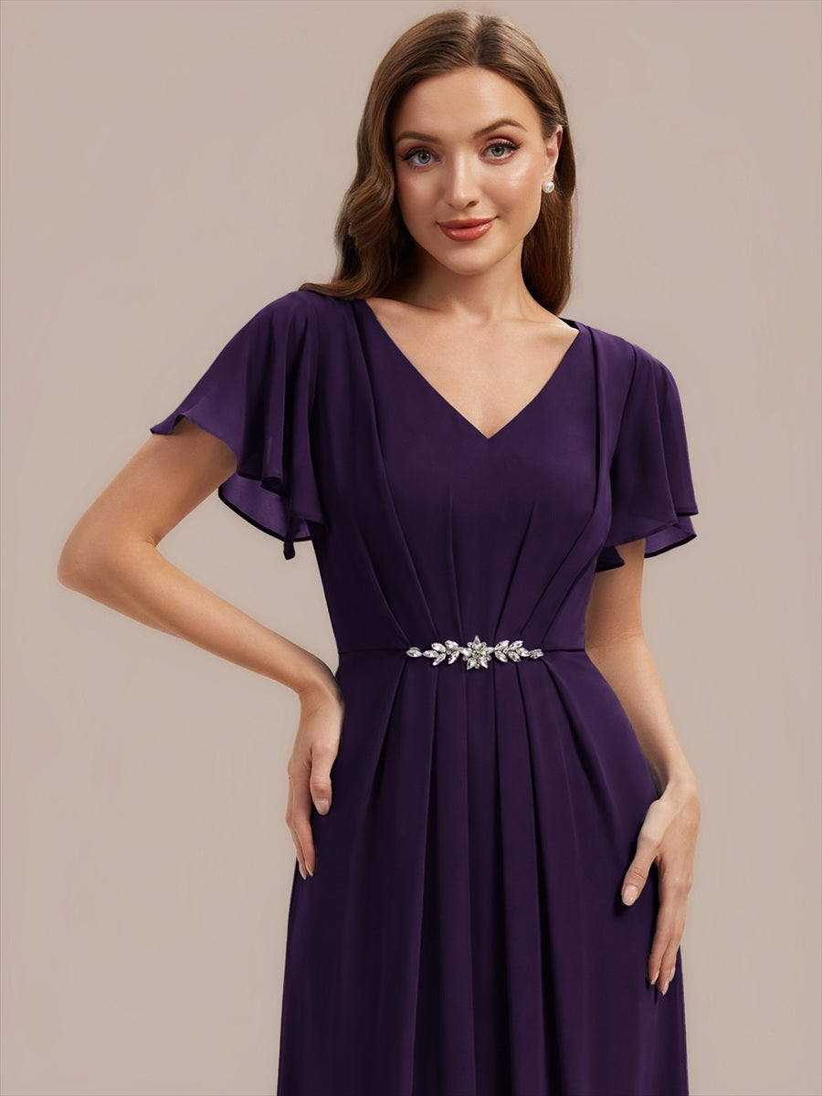 Rhinestone Embellished Chiffon Ruffle Sleeve Wedding Guest Dress #color_Dark Purple