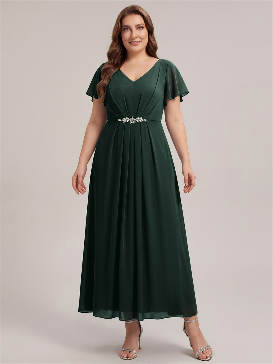 Plus Size Rhinestone Embellished Chiffon Wedding Guest Dress #color_Dark Forest Green