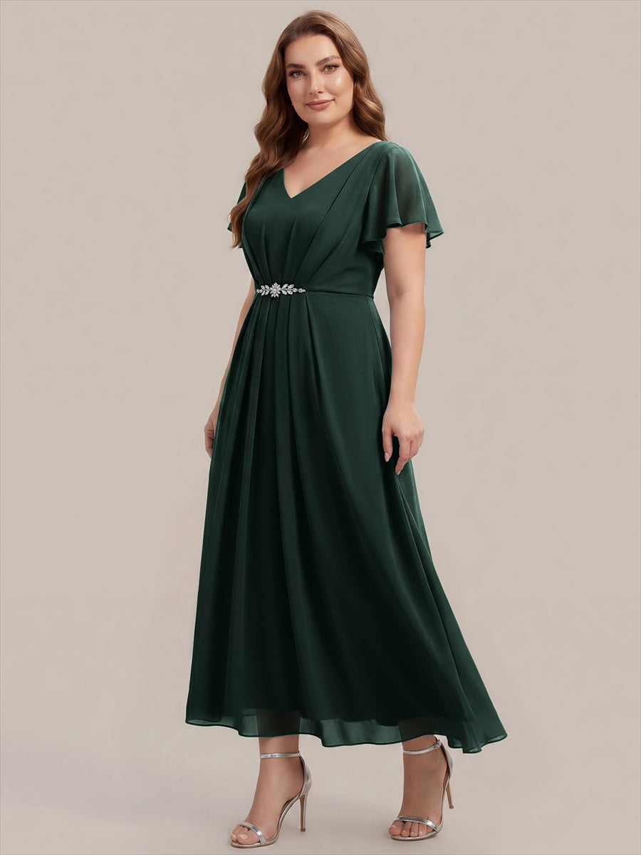 Rhinestone Embellished Chiffon Ruffle Sleeve Wedding Guest Dress #color_Dark Forest Green
