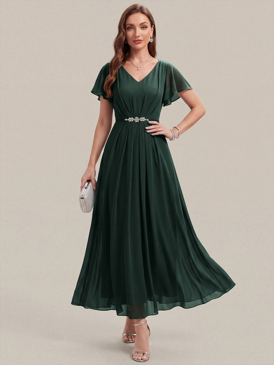 Rhinestone Embellished Chiffon Ruffle Sleeve Wedding Guest Dress #color_Dark Forest Green