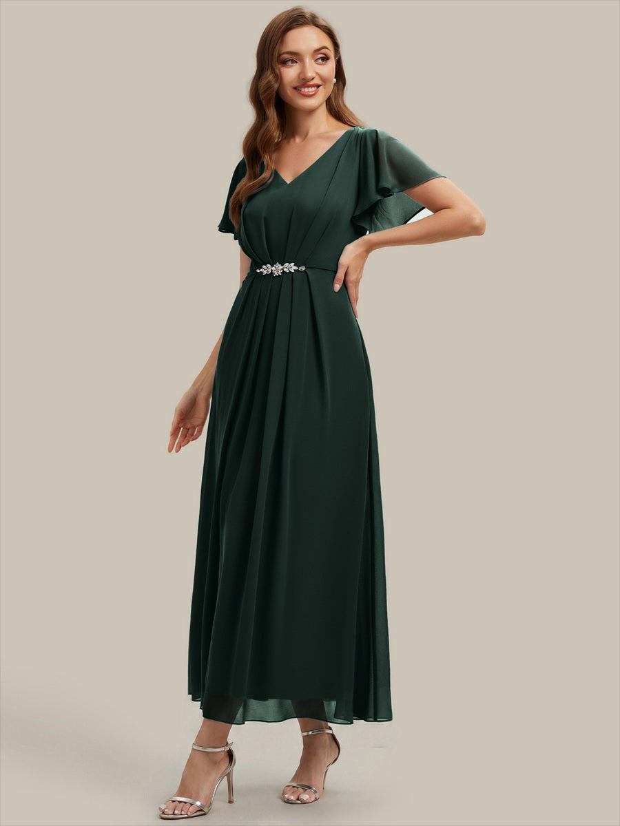Rhinestone Embellished Chiffon Ruffle Sleeve Wedding Guest Dress #color_Dark Forest Green
