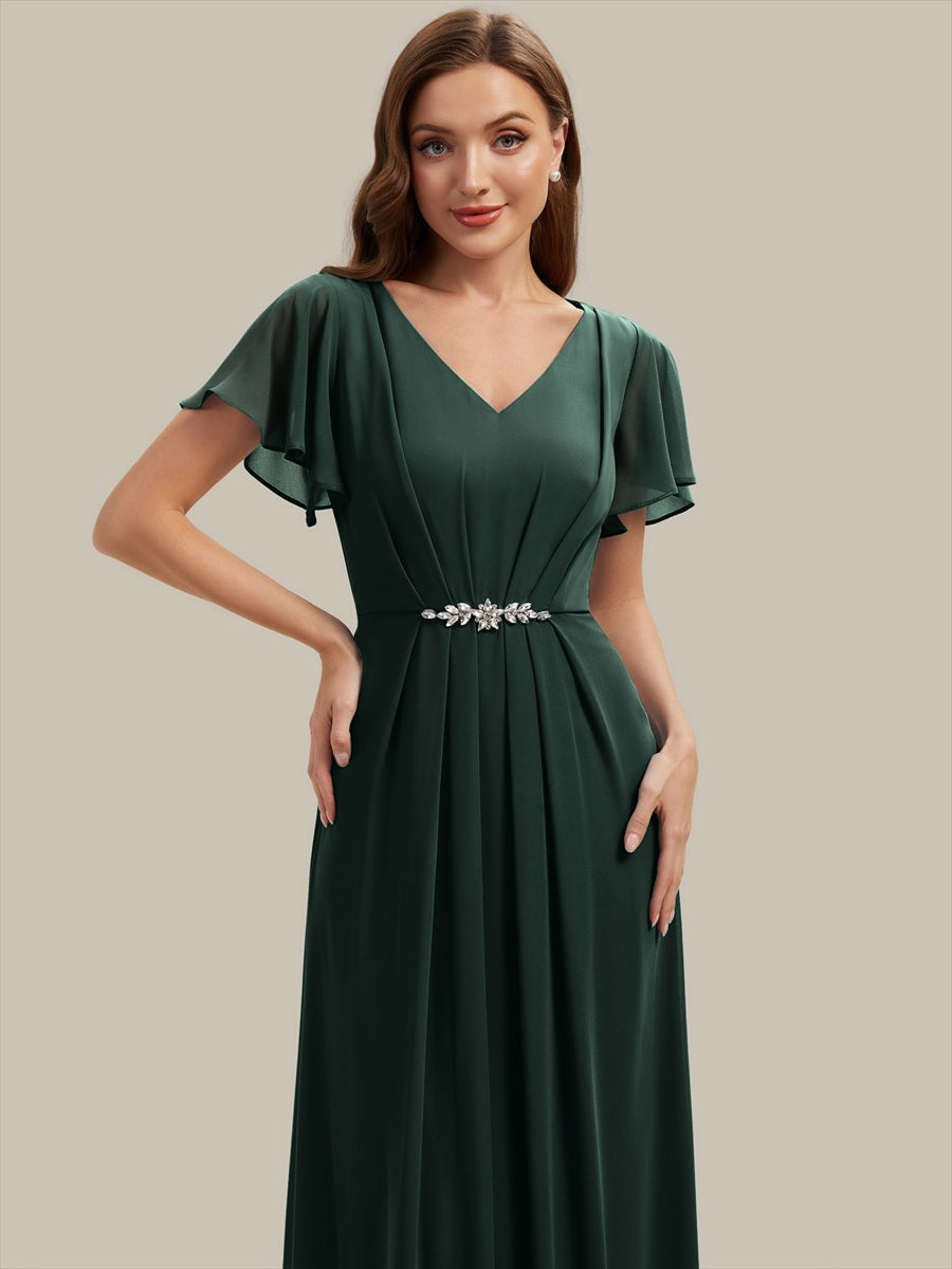 Rhinestone Embellished Chiffon Ruffle Sleeve Wedding Guest Dress #color_Dark Forest Green