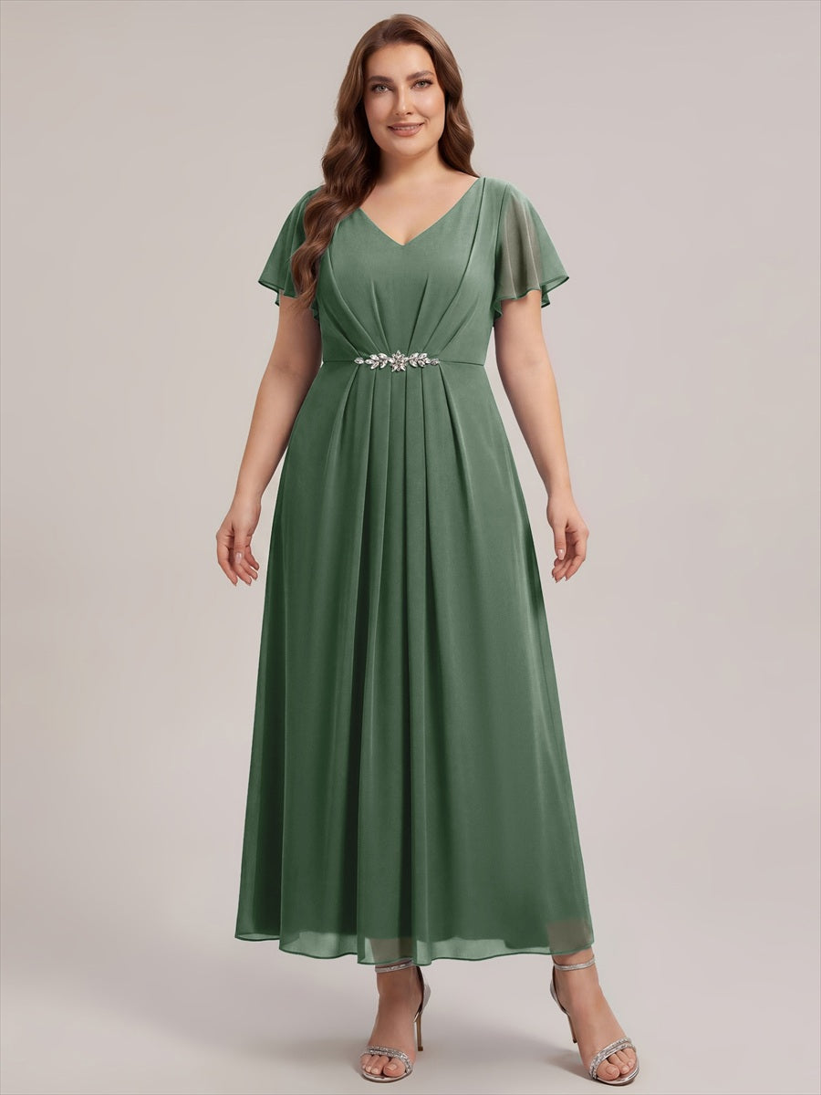 Rhinestone Embellished Chiffon Ruffle Sleeve Wedding Guest Dress #color_Eucalyptus