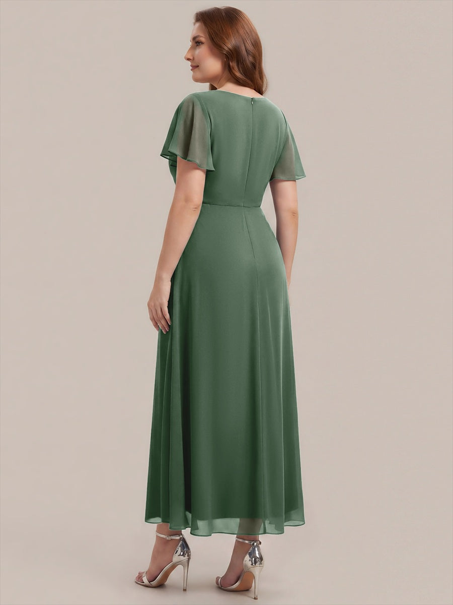 Rhinestone Embellished Chiffon Ruffle Sleeve Wedding Guest Dress #color_Eucalyptus