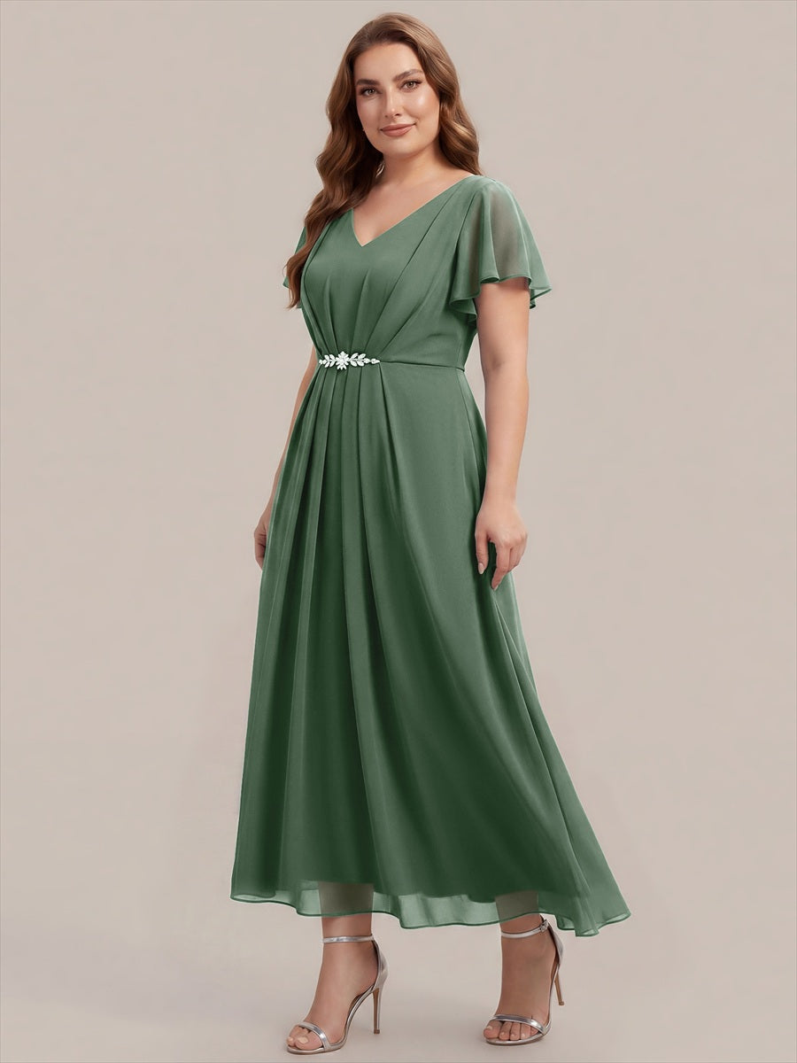 Rhinestone Embellished Chiffon Ruffle Sleeve Wedding Guest Dress #color_Eucalyptus