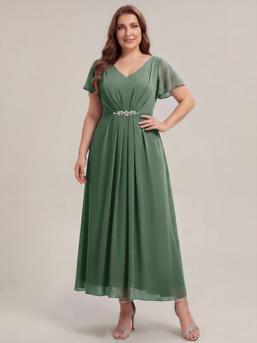Rhinestone Embellished Chiffon Ruffle Sleeve Wedding Guest Dress #color_Eucalyptus