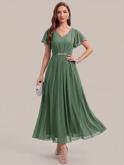 Rhinestone Embellished Chiffon Ruffle Sleeve Wedding Guest Dress