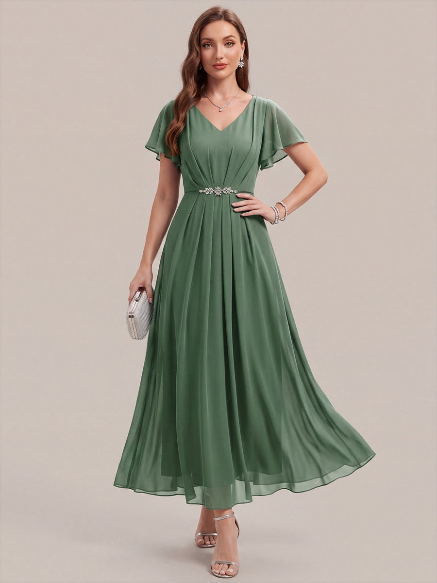 Rhinestone Embellished Chiffon Ruffle Sleeve Wedding Guest Dress #color_Eucalyptus