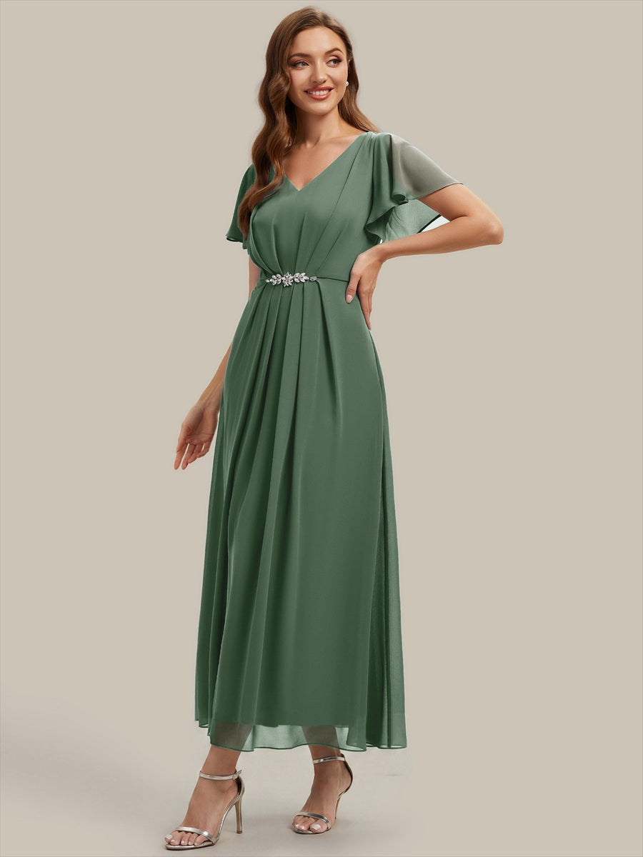 Rhinestone Embellished Chiffon Ruffle Sleeve Wedding Guest Dress #color_Eucalyptus