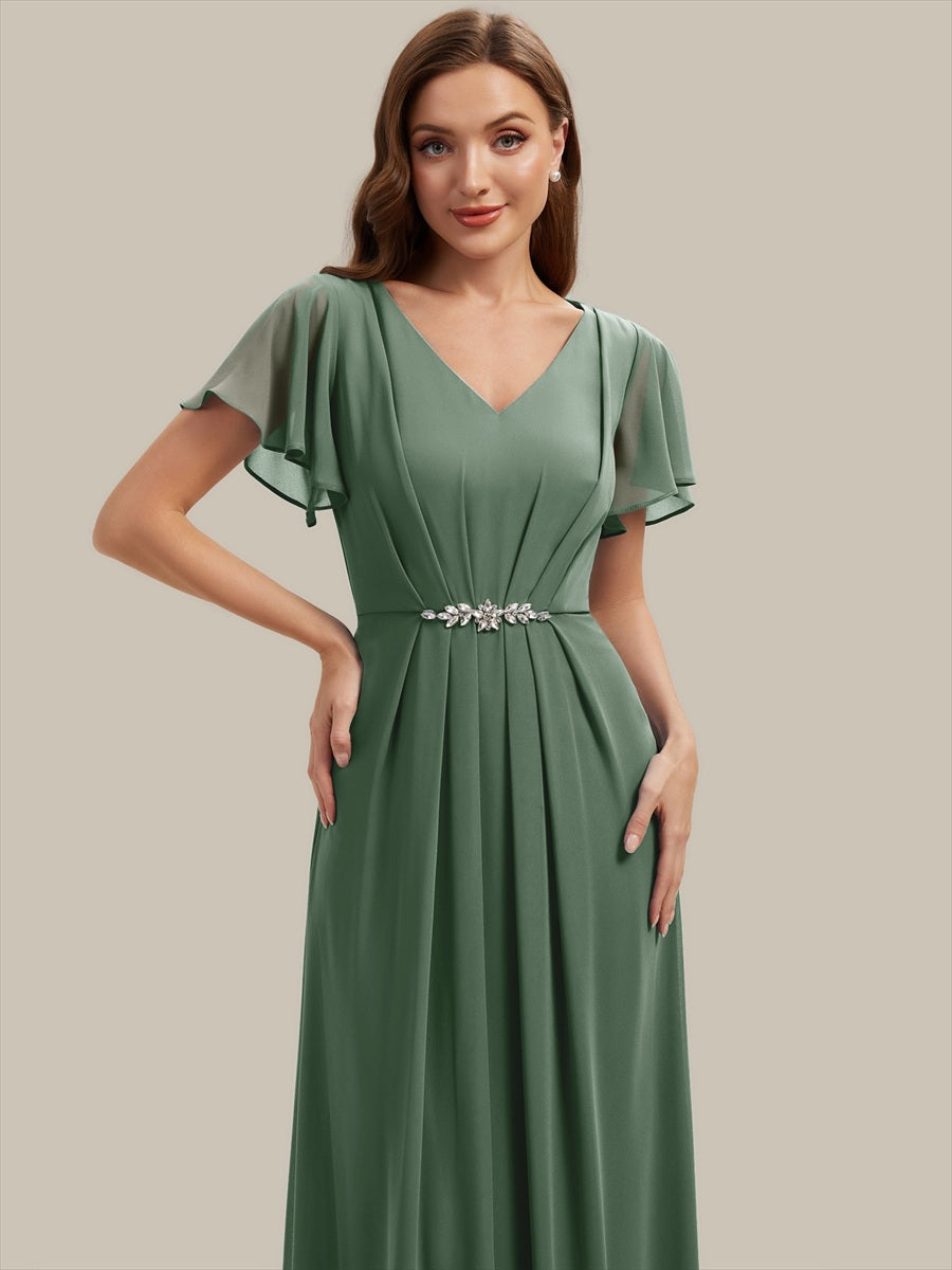 Rhinestone Embellished Chiffon Ruffle Sleeve Wedding Guest Dress #color_Eucalyptus