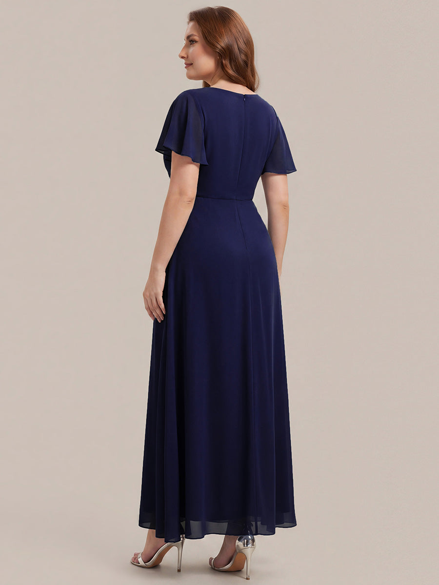Rhinestone Embellished Chiffon Ruffle Sleeve Wedding Guest Dress #color_Navy Blue