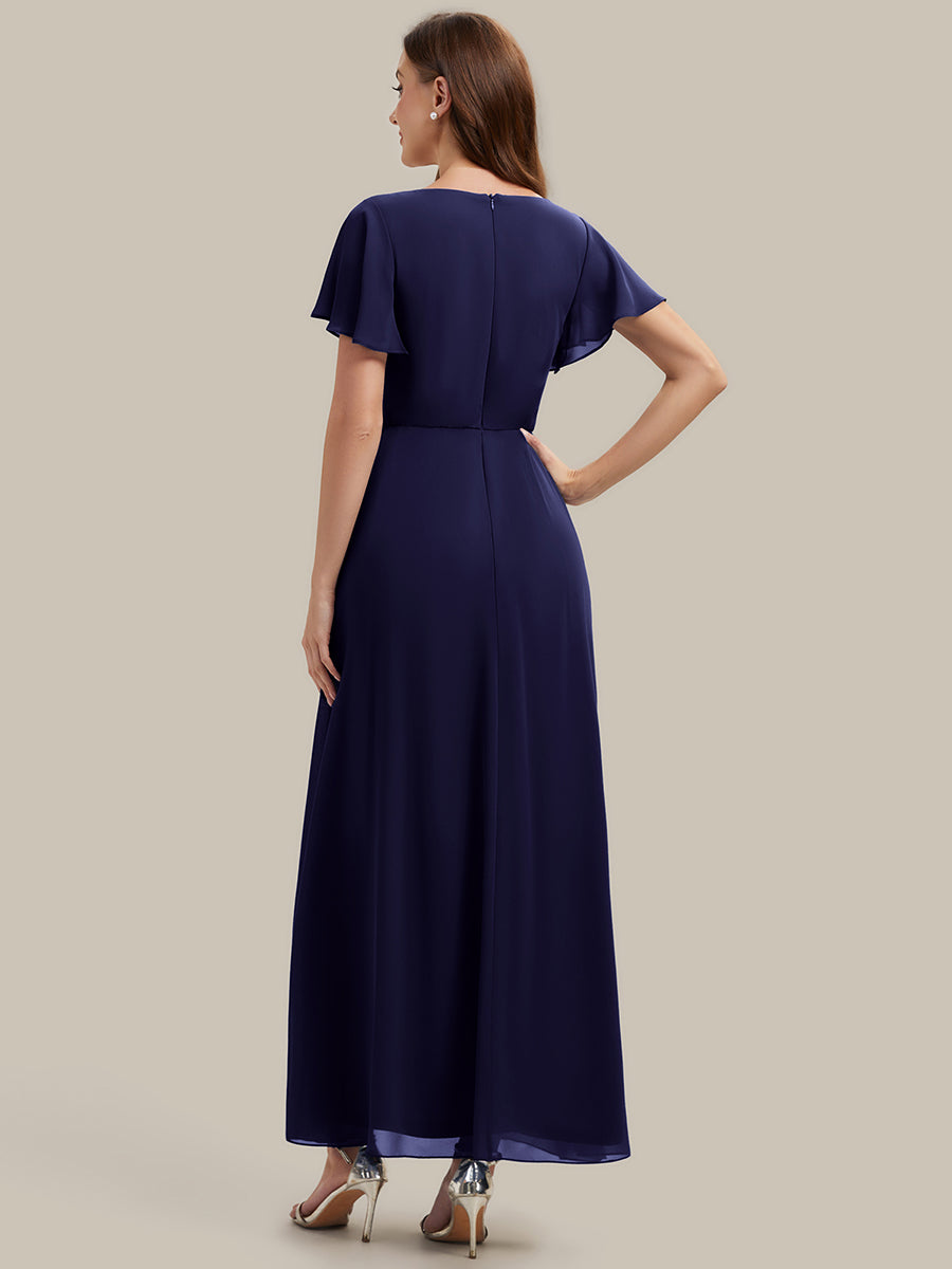 Rhinestone Embellished Chiffon Ruffle Sleeve Wedding Guest Dress #color_Navy Blue