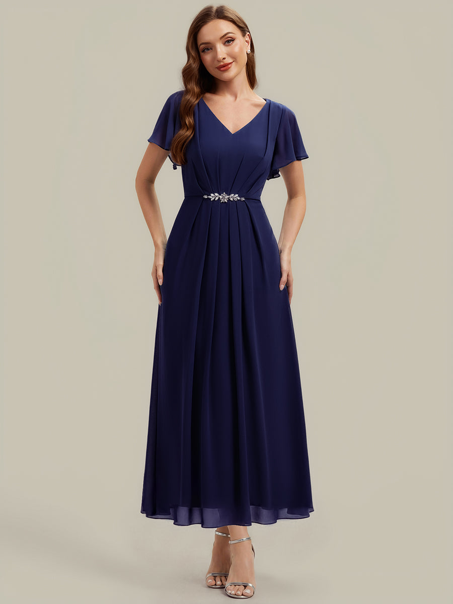 Ever-Pretty Rhinestone Embellished Chiffon Ruffle Sleeve Fall Wedding Guest Dress
