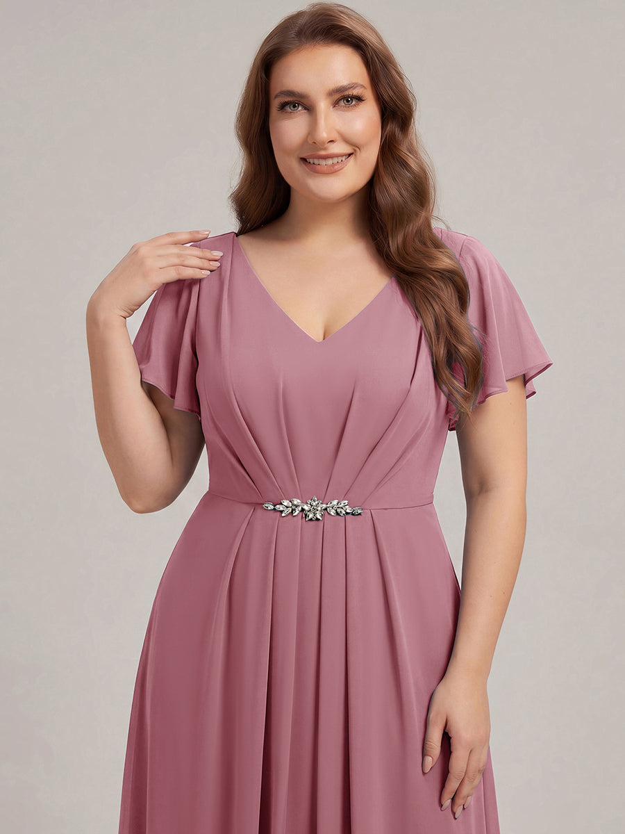 Rhinestone Embellished Chiffon Ruffle Sleeve Wedding Guest Dress #color_Purple Orchid