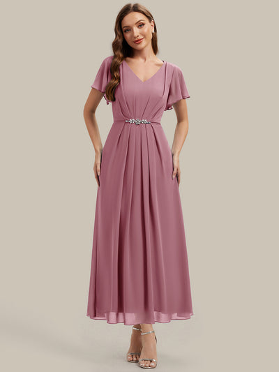 Rhinestone Embellished Chiffon Ruffle Sleeve Wedding Guest Dress